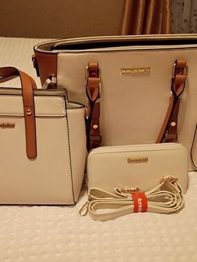 Montana West Cream and Tan Tote Set with Matching Wallet and Strap
